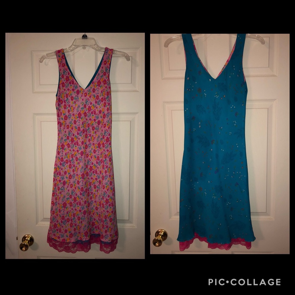 Reversible teal and pink summer dress with lace